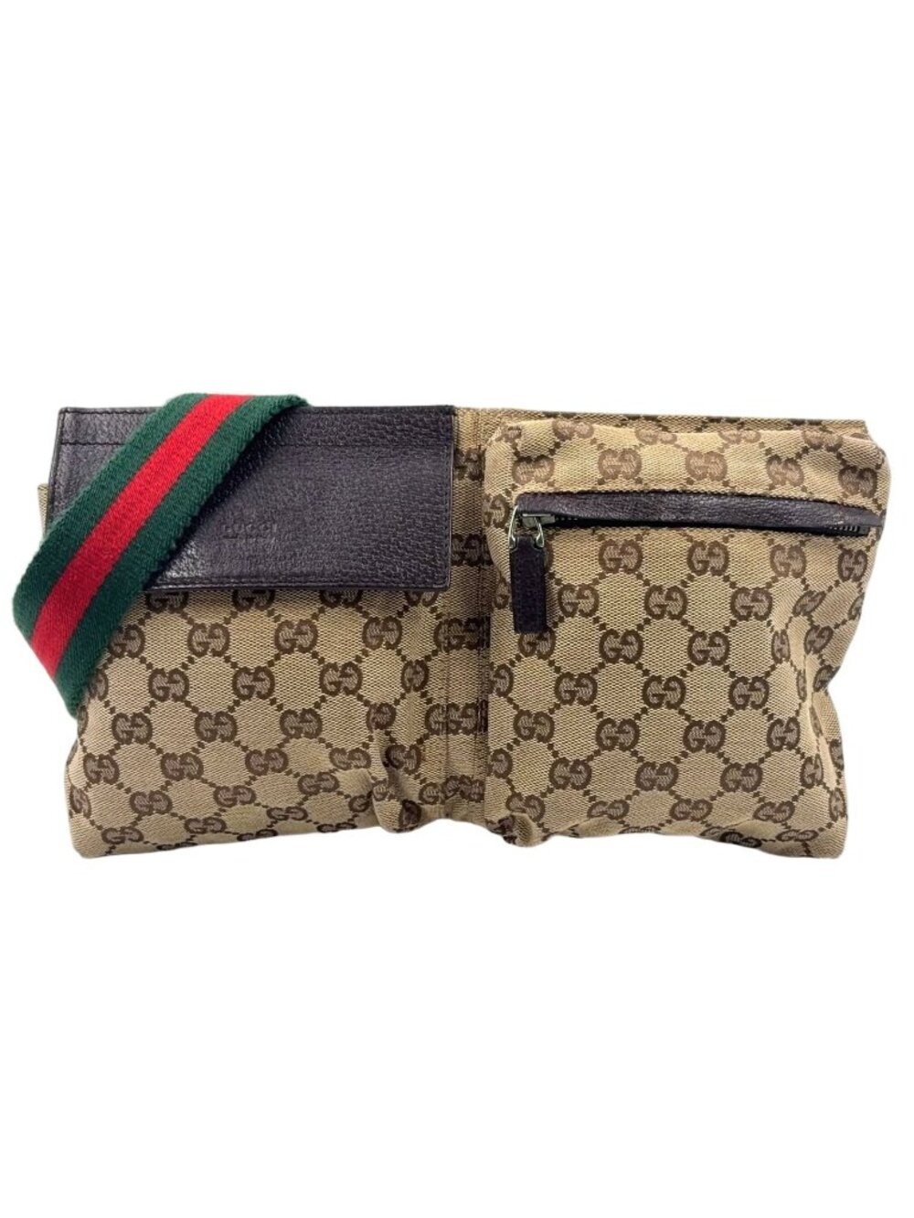 Gucci GG Pattern Canvas Leather Brown Beige Belt Bag Waist Pouch Silver - Picture 1 of 15